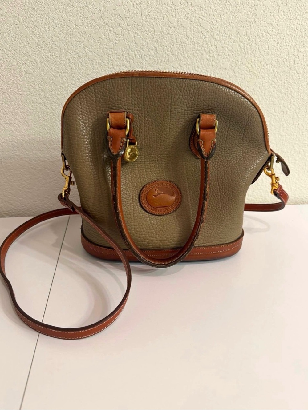 Vintage Dooney & Bourke All Weather Leather Taupe Domed Satchel Bag w/ Fob